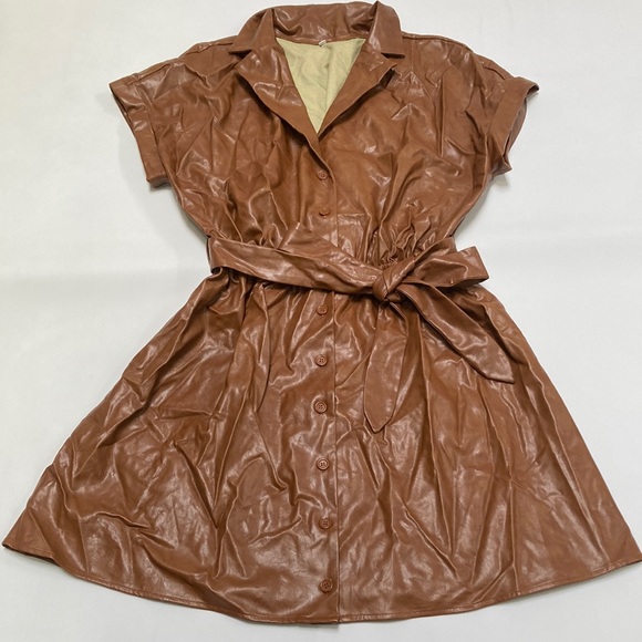 Brown Leatherette Belted Dress - Picture 1 of 5